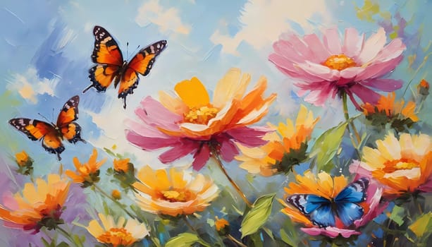 Colorful butterflies flutter gracefully above a vibrant array of wildflowers, creating a lively and cheerful atmosphere in a sunlit meadow. Generative AI.