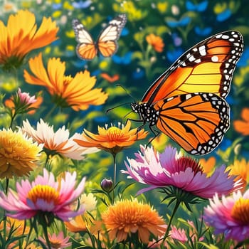 A group of striking butterflies dances gracefully around blooming flowers in a colorful garden. The bright blossoms create a lively atmosphere under the warm sunlight. Generative AI.