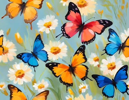 Colorful butterflies flutter gracefully above a vibrant array of wildflowers, creating a lively and cheerful atmosphere in a sunlit meadow. Generative AI.