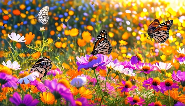 A group of striking butterflies dances gracefully around blooming flowers in a colorful garden. The bright blossoms create a lively atmosphere under the warm sunlight. Generative AI.