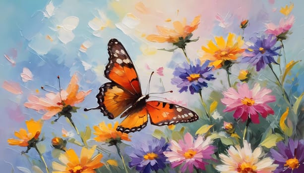 Colorful butterflies flutter gracefully above a vibrant array of wildflowers, creating a lively and cheerful atmosphere in a sunlit meadow. Generative AI.