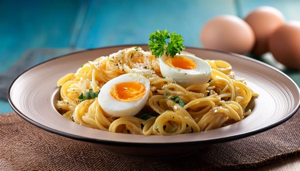 tagliatelle pasta with eggs, AI generated image