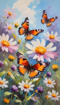 Colorful butterflies flutter gracefully above a vibrant array of wildflowers, creating a lively and cheerful atmosphere in a sunlit meadow. Generative AI.