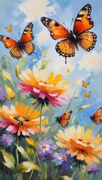 Colorful butterflies flutter gracefully above a vibrant array of wildflowers, creating a lively and cheerful atmosphere in a sunlit meadow. Generative AI.