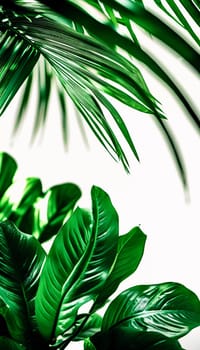 View of various tropical plants with striking green leaves, set against a vivid yellow orange backdrop, creating a lively indoor atmosphere filled with natural light. Copy space. Generative AI
