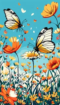 A group of striking butterflies dances gracefully around blooming flowers in a colorful garden. The bright blossoms create a lively atmosphere under the warm sunlight. Generative AI.