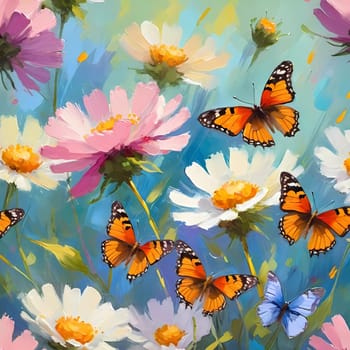 Colorful butterflies flutter gracefully above a vibrant array of wildflowers, creating a lively and cheerful atmosphere in a sunlit meadow. Generative AI.
