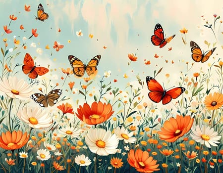 Colorful butterflies flutter gracefully above a vibrant array of wildflowers, creating a lively and cheerful atmosphere in a sunlit meadow. Generative AI.