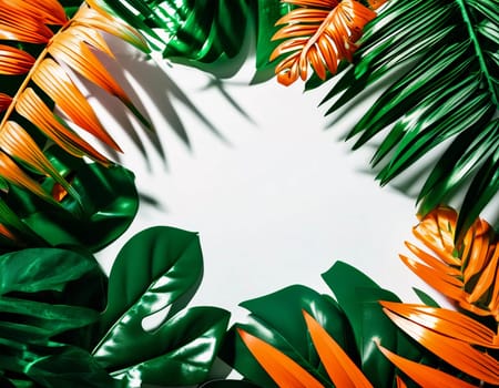 View of various tropical plants with striking green leaves, set against a vivid yellow orange backdrop, creating a lively indoor atmosphere filled with natural light. Copy space. Generative AI