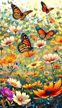 A group of striking butterflies dances gracefully around blooming flowers in a colorful garden. The bright blossoms create a lively atmosphere under the warm sunlight. Generative AI.