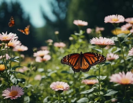 A group of striking butterflies dances gracefully around blooming flowers in a colorful garden. The bright blossoms create a lively atmosphere under the warm sunlight. Generative AI.