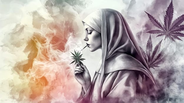 Woman dressed as nun smoking marijuana. AI generative.