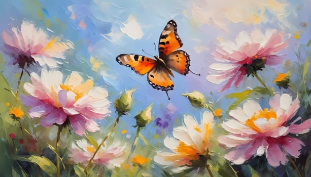 Colorful butterflies flutter gracefully above a vibrant array of wildflowers, creating a lively and cheerful atmosphere in a sunlit meadow. Generative AI.