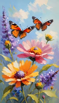 Colorful butterflies flutter gracefully above a vibrant array of wildflowers, creating a lively and cheerful atmosphere in a sunlit meadow. Generative AI.