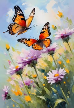 Colorful butterflies flutter gracefully above a vibrant array of wildflowers, creating a lively and cheerful atmosphere in a sunlit meadow. Generative AI.