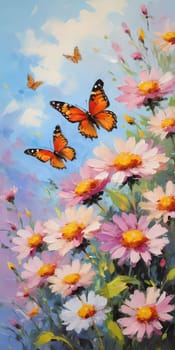 Colorful butterflies flutter gracefully above a vibrant array of wildflowers, creating a lively and cheerful atmosphere in a sunlit meadow. Generative AI.
