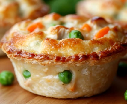Golden mini chicken pot pie muffins with a flaky crust and creamy filling of chicken. AI generative.