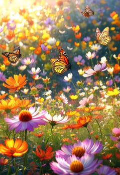 A group of striking butterflies dances gracefully around blooming flowers in a colorful garden. The bright blossoms create a lively atmosphere under the warm sunlight. Generative AI.
