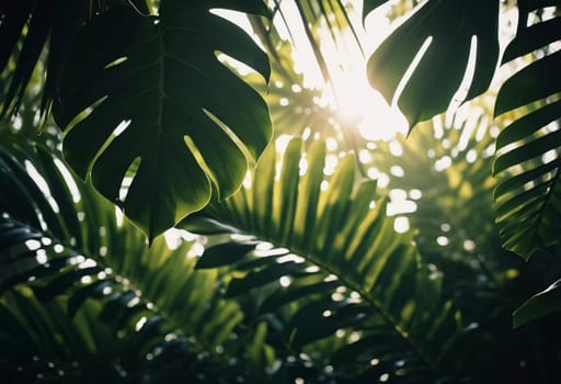 Vibrant Monstera leaves hang gracefully, bathed in soft sunlight filtering through the canopy of a tropical rainforest, creating a serene atmosphere. Generative AI.