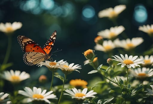 A group of striking butterflies dances gracefully around blooming flowers in a colorful garden. The bright blossoms create a lively atmosphere under the warm sunlight. Generative AI.