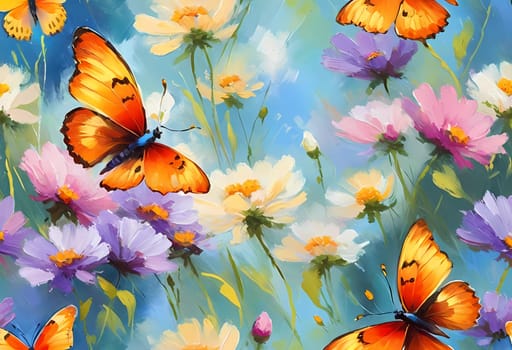Colorful butterflies flutter gracefully above a vibrant array of wildflowers, creating a lively and cheerful atmosphere in a sunlit meadow. Generative AI.