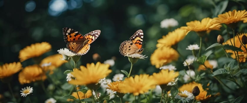A group of striking butterflies dances gracefully around blooming flowers in a colorful garden. The bright blossoms create a lively atmosphere under the warm sunlight. Generative AI.