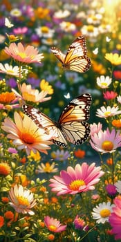 A group of striking butterflies dances gracefully around blooming flowers in a colorful garden. The bright blossoms create a lively atmosphere under the warm sunlight. Generative AI.
