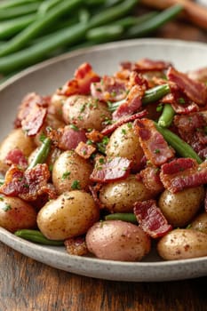 Rustic country-style dish with roasted new potatoes in a plate, tender green beans and crispy bacon bits. AI generative.