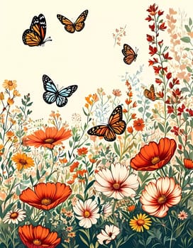 Colorful butterflies flutter gracefully above a vibrant array of wildflowers, creating a lively and cheerful atmosphere in a sunlit meadow. Generative AI.