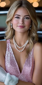 Blonde woman with pearl necklace and 1960s outfit AI generative.