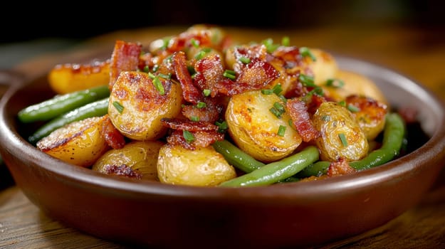 Rustic country-style dish with roasted new potatoes in a plate, tender green beans and crispy bacon bits. AI generative.
