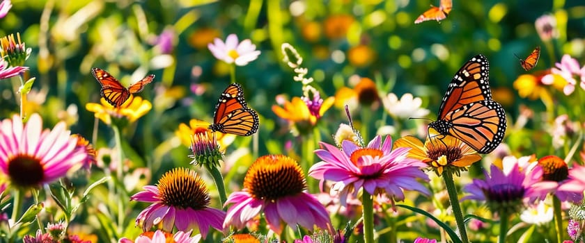 A group of striking butterflies dances gracefully around blooming flowers in a colorful garden. The bright blossoms create a lively atmosphere under the warm sunlight. Generative AI.