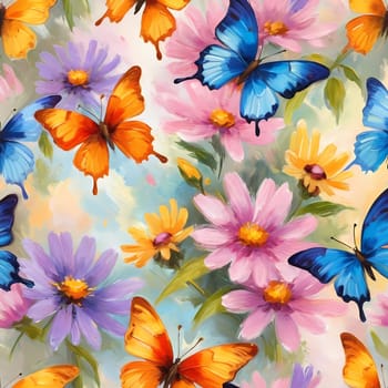 Colorful butterflies flutter gracefully above a vibrant array of wildflowers, creating a lively and cheerful atmosphere in a sunlit meadow. Generative AI.