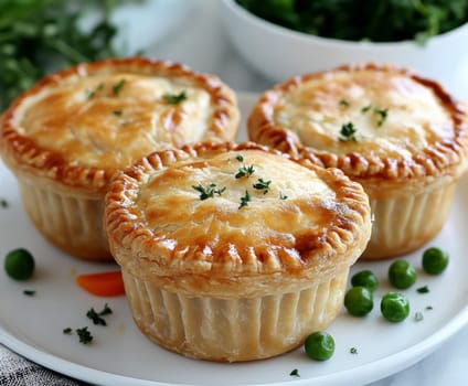 Golden mini chicken pot pie muffins with a flaky crust and creamy filling of chicken. AI generative.