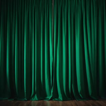 Curtain with soft smooth flowing folds. Deep green color and luxurious texture create a dramatic and elegant atmosphere. Decoration and interior design. Expensive curtain made of rich fabric. AI