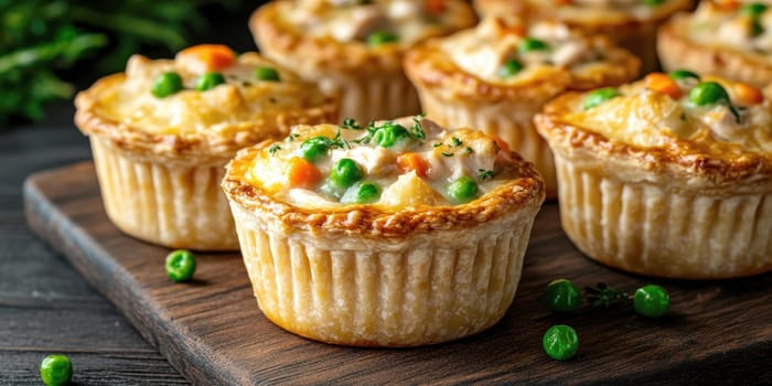 Golden mini chicken pot pie muffins with a flaky crust and creamy filling of chicken. AI generative.