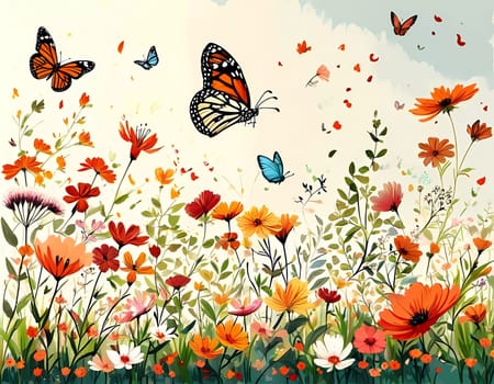 Colorful butterflies flutter gracefully above a vibrant array of wildflowers, creating a lively and cheerful atmosphere in a sunlit meadow. Generative AI.