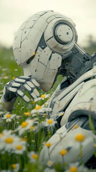 a robot, the robot lies on a green meadow with flowers. AI generative.