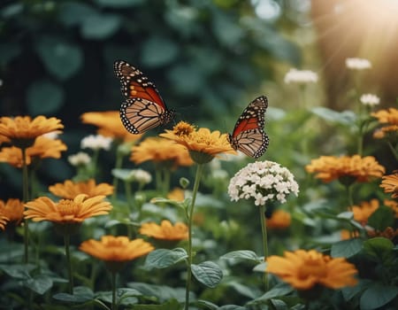 A group of striking butterflies dances gracefully around blooming flowers in a colorful garden. The bright blossoms create a lively atmosphere under the warm sunlight. Generative AI.