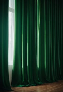 Curtain with soft smooth flowing folds. Deep green color and luxurious texture create a dramatic and elegant atmosphere. Decoration and interior design. Expensive curtain made of rich fabric. AI