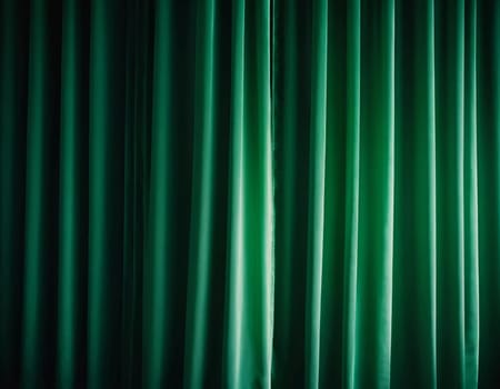 Curtain with soft smooth flowing folds. Deep green color and luxurious texture create a dramatic and elegant atmosphere. Decoration and interior design. Expensive curtain made of rich fabric. AI