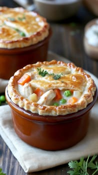 Golden mini chicken pot pie muffins with a flaky crust and creamy filling of chicken. AI generative.