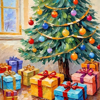 A decorated Christmas tree adorned with colorful ornaments and stacked presents ready for celebration in cozy holiday setting. Wrapped gifts of various colors. Festive atmosphere, warmth and joy. AI.