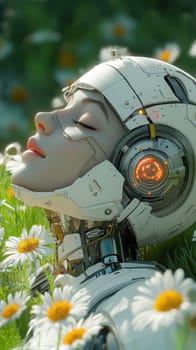 a robot, the robot lies on a green meadow with flowers. AI generative.