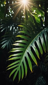 Vibrant Monstera leaves hang gracefully, bathed in soft sunlight filtering through the canopy of a tropical rainforest, creating a serene atmosphere. Generative AI.