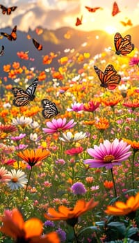 A group of striking butterflies dances gracefully around blooming flowers in a colorful garden. The bright blossoms create a lively atmosphere under the warm sunlight. Generative AI.