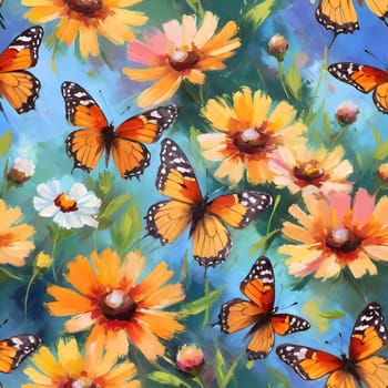 Colorful butterflies flutter gracefully above a vibrant array of wildflowers, creating a lively and cheerful atmosphere in a sunlit meadow. Generative AI.