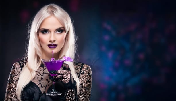 pretty young goth woman drinking, AI generated image