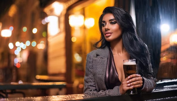 gorgeous young woman drinking beer in the rain outside pub, AI generated image