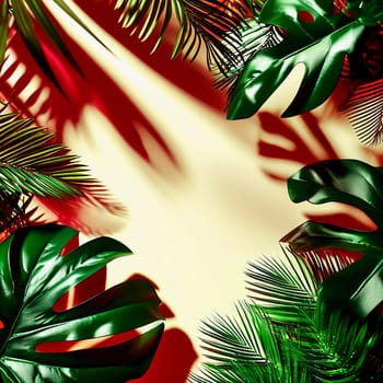 View of various tropical plants with striking green leaves, set against a vivid yellow orange backdrop, creating a lively indoor atmosphere filled with natural light. Copy space. Generative AI